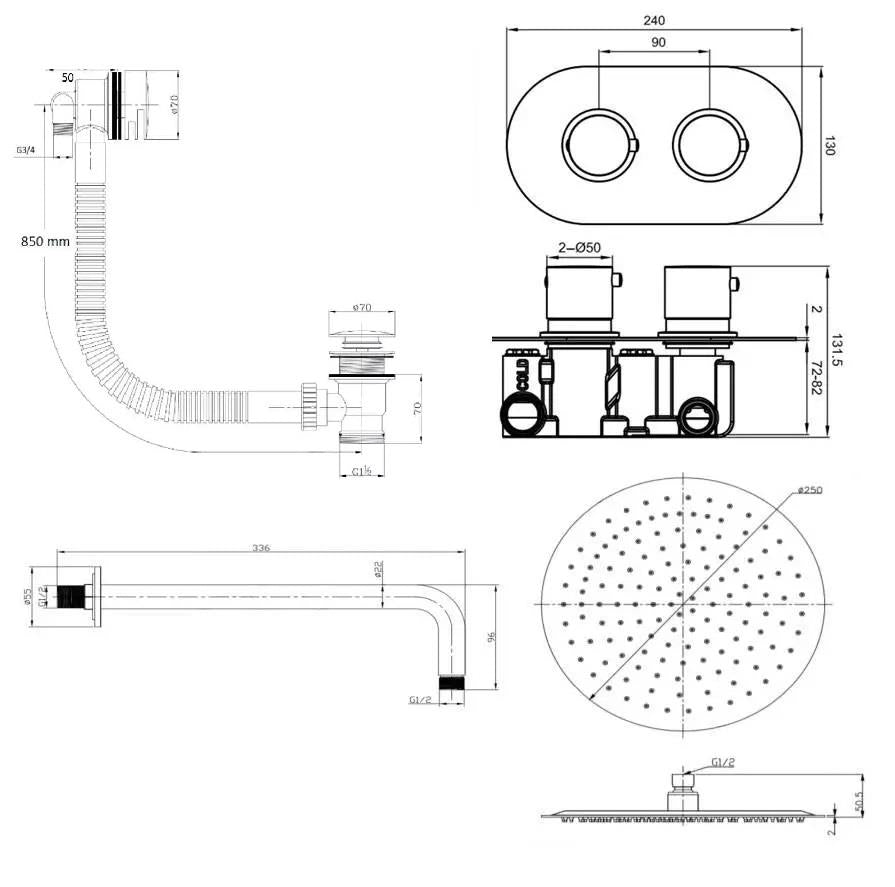 Aquarius RainLux Round Brushed Brass 2 Outlet Overflow Filler Shower Bundle AQRLOFKIT03BB