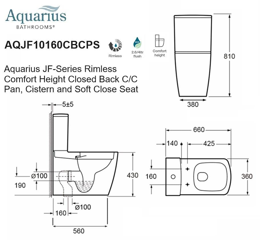 Aquarius JF-Series Rimless Comfort Height Closed Back C/C Pan, Cistern and Soft Close Seat