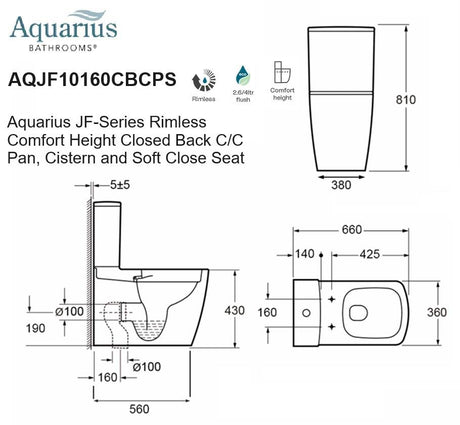 Aquarius JF-Series Rimless Comfort Height Closed Back C/C Pan, Cistern and Soft Close Seat