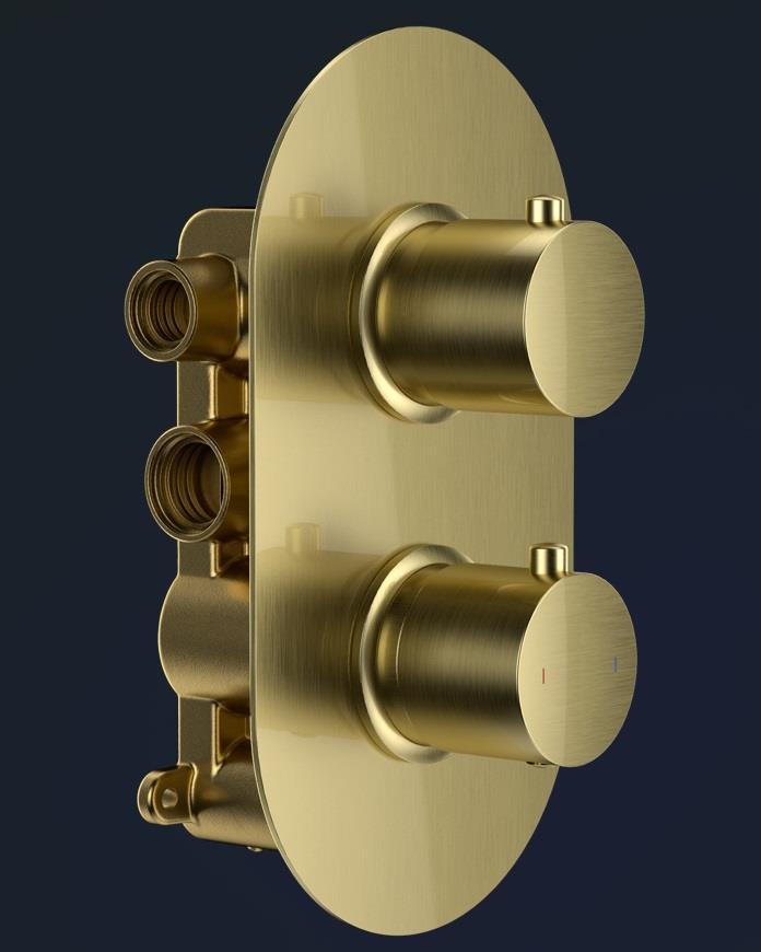 Aquarius RainLux Round Brushed Brass 2 Outlet Overflow Filler Shower Bundle AQRLOFKIT03BB