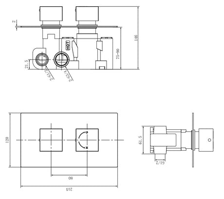 Aquarius Modern Square Thermostatic Two-Way Concealed Shower Valve Brushed Brass AQ601043