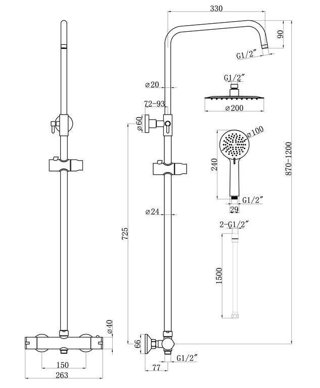 Aquarius Matt Black Exposed Thermostatic Bar Shower Overhead and Handheld Shower AQSH0694