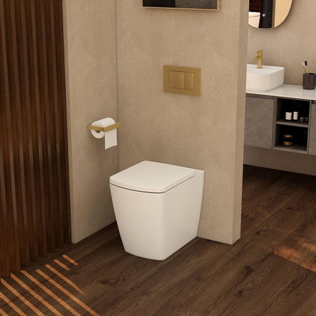 Aquarius JF-Series Back To Wall Comfort Height toilet in a modern wooden styled bathroom