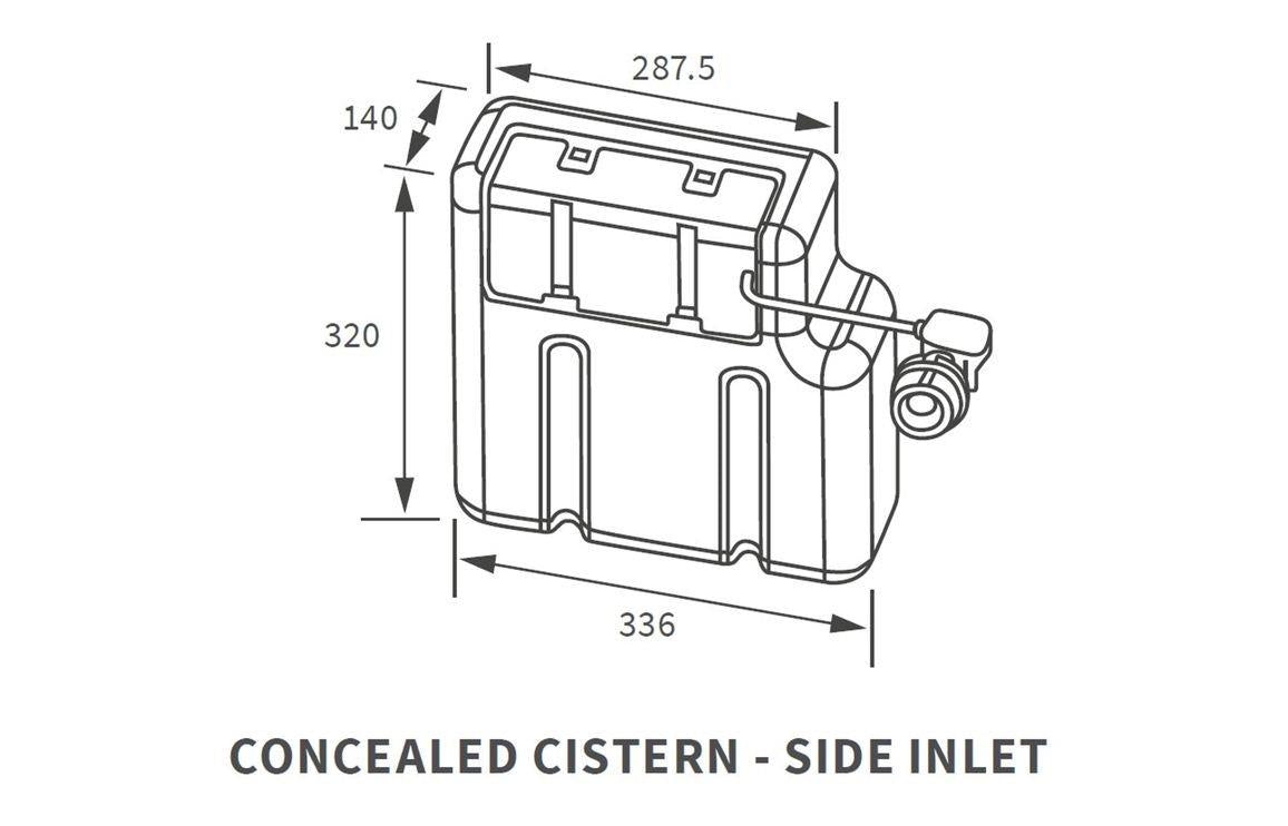 Technical drawing of the Aquarius Scott Concealed Cistern - Side Inlet showing measurements