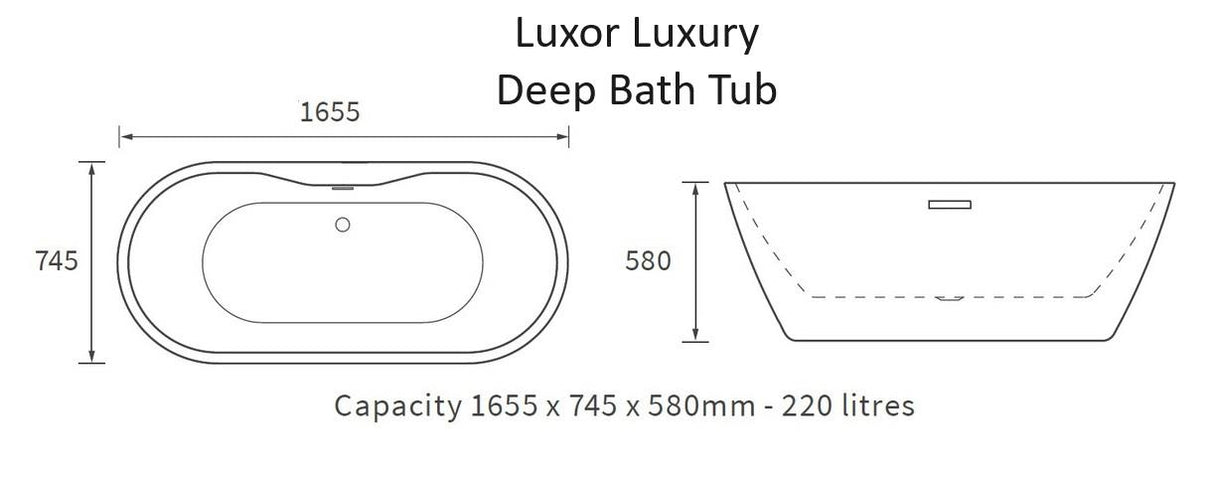 Aquarius Luxor Freestanding Luxury Deep Bath Tub 1655mm x 745mm x 580mm AQLX0076