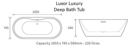 Aquarius Luxor Freestanding Luxury Deep Bath Tub 1655mm x 745mm x 580mm AQLX0076