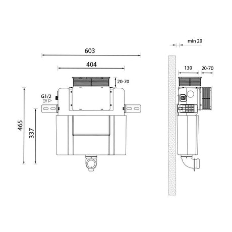 Technical drawing of the Aquarius Drake Concealed Dual Flush Cistern showing measurements