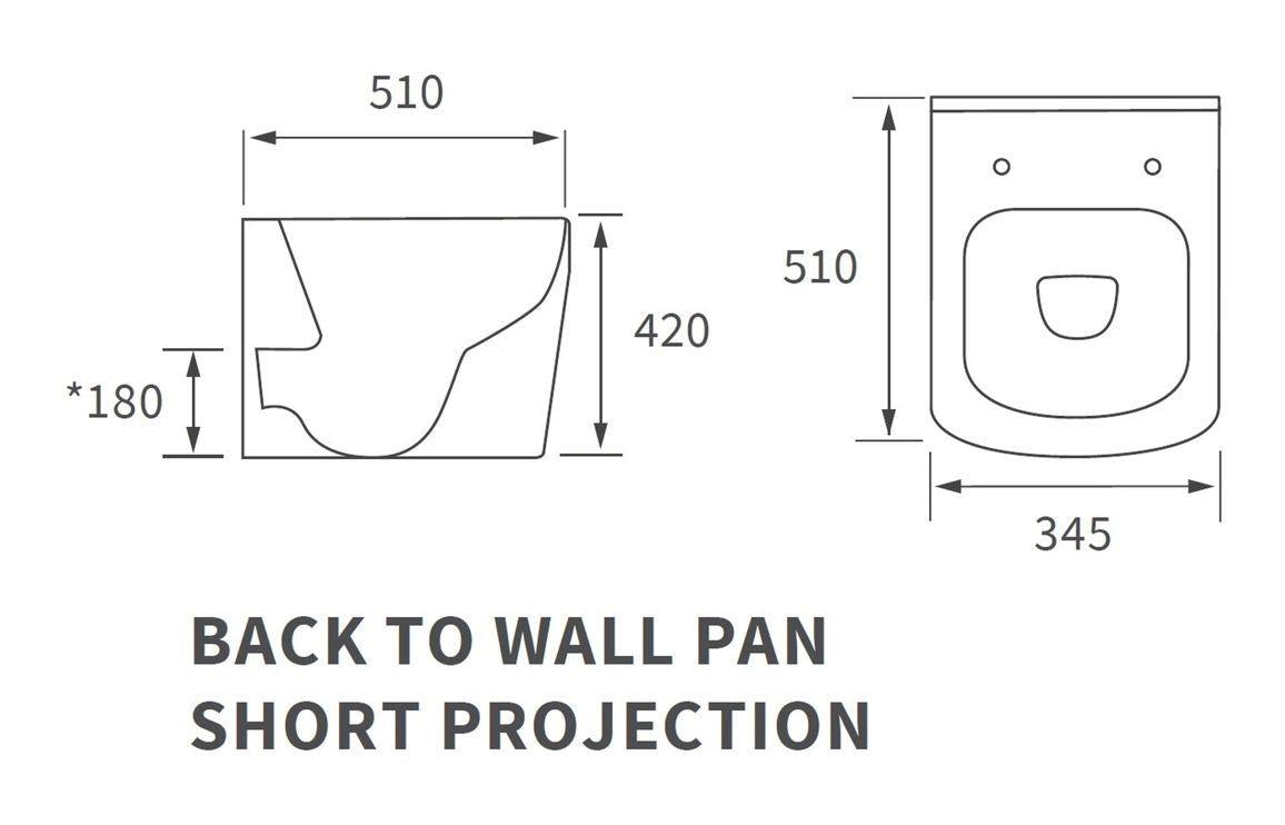 Technical drawing of the Aquarius Laura Rimless Back to Wall Short Projection WC showing measurements