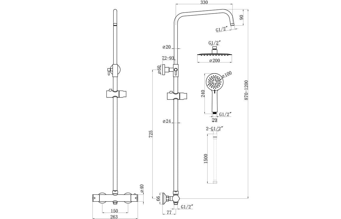 Aquarius Zanelli Two Outlet Shower Pack w/Riser & Overhead Brushed Brass AQ2814