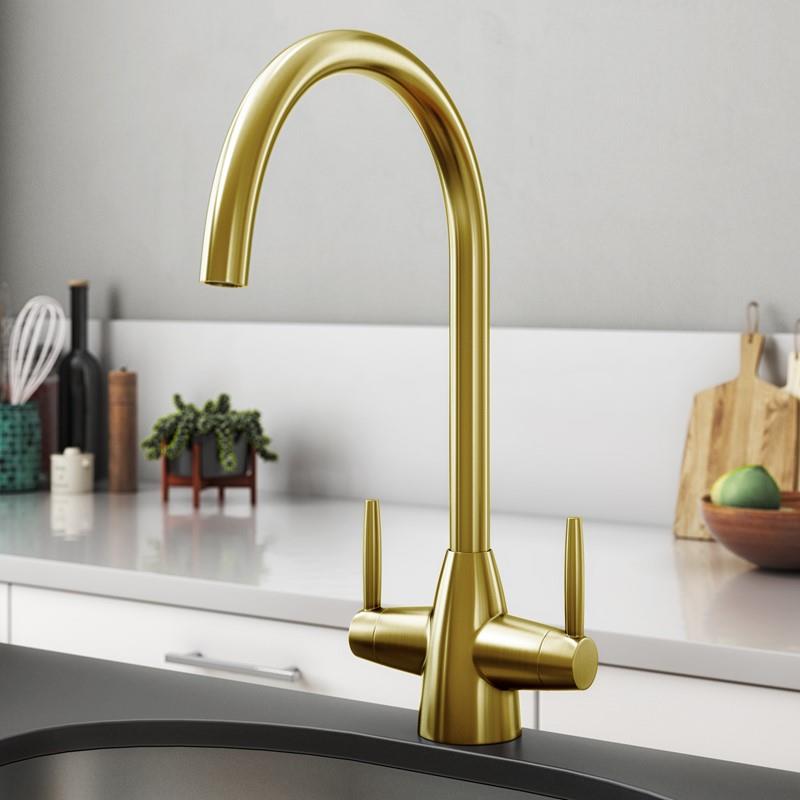 Aquarius TrueCook Series 15 Brushed Gold Two Handle Kitchen Mixer Tap AQTK015BG