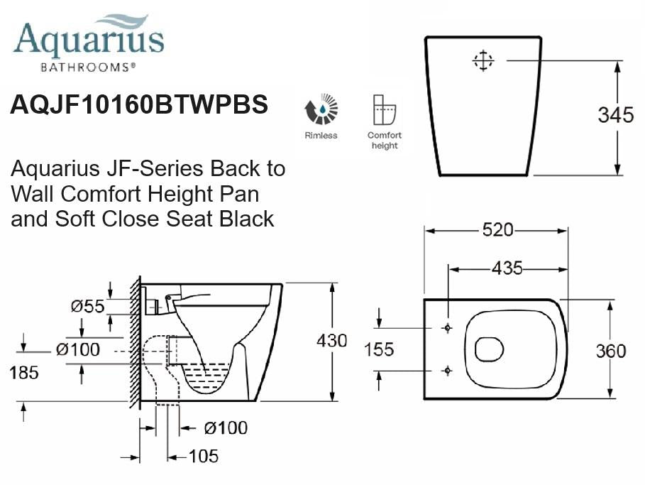 Aquarius JF-Series Back to Wall Comfort Height Pan and Soft Close Seat Black