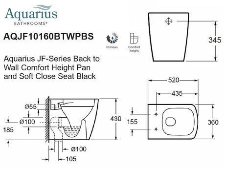 Aquarius JF-Series Back to Wall Comfort Height Pan and Soft Close Seat Black