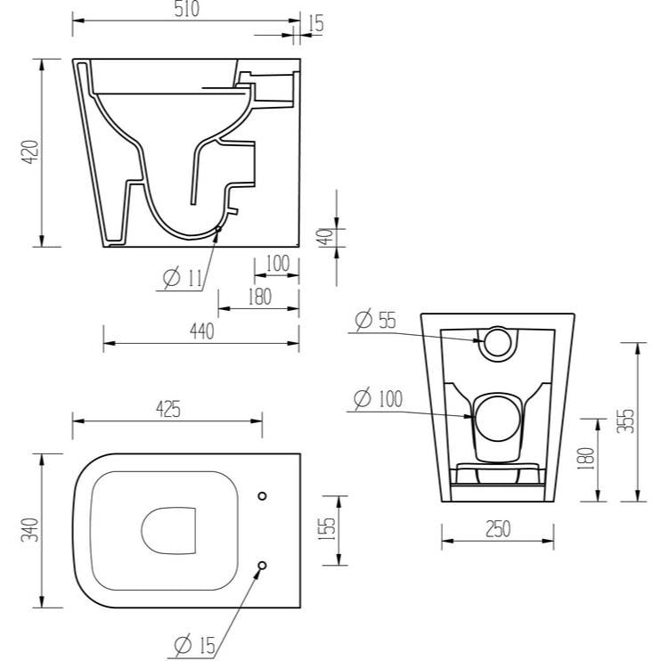 Technical drawing of the Aquarius Laura Rimless Back to Wall Short Projection WC highlighting measurements