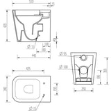 Technical drawing of the Aquarius Laura Rimless Back to Wall Short Projection WC highlighting measurements