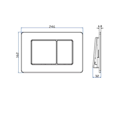 Technical drawing of the Aquarius Raleigh Square Button Flush Button