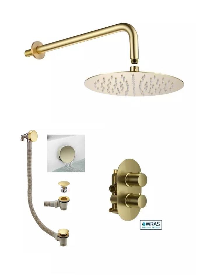 Aquarius RainLux Round Brushed Brass 2 Outlet Overflow Filler Shower Bundle AQRLOFKIT03BB