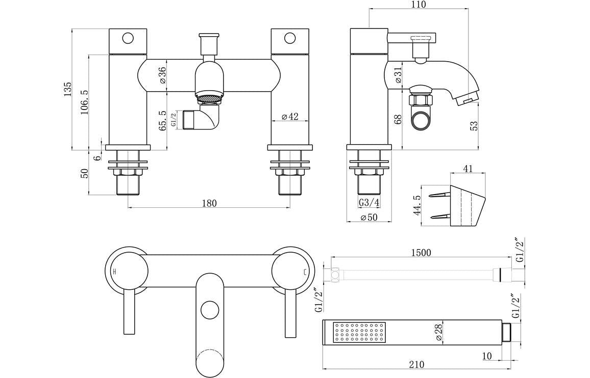 Aquarius Zanelli Bath Shower Mixer Tap with Shower Kit