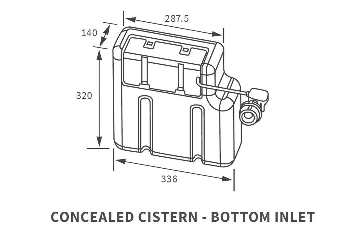 Technical drawing of the Aquarius Scott Concealed Cistern - Bottom Inlet displaying measurements