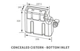 Technical drawing of the Aquarius Scott Concealed Cistern - Bottom Inlet displaying measurements