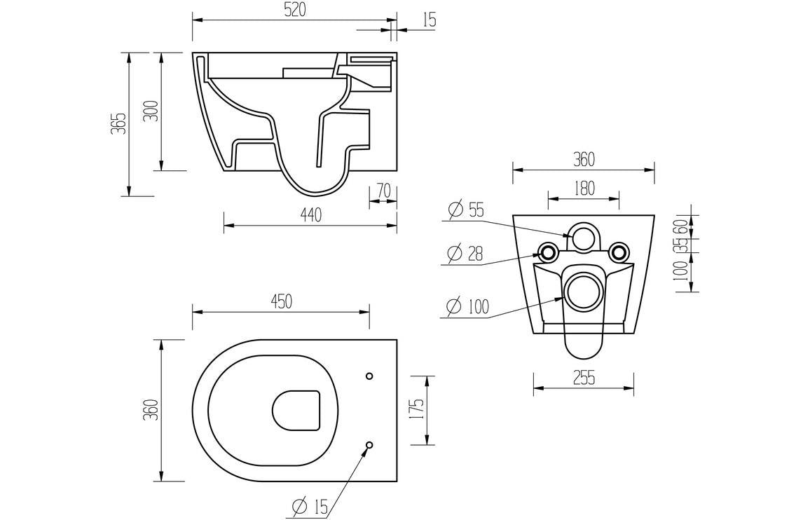 Technical drawing of Aquarius Emma Rimless Wall Hung WC showing measurements