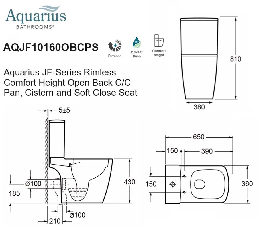 Aquarius JF-Series Rimless Comfort Height Open Back C/C Pan, Cistern and Soft Close Seat