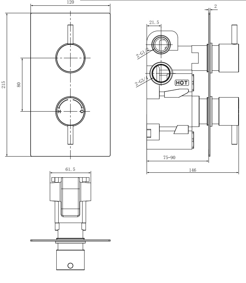 Aquarius Modern Round Thermostatic Two Way Concealed Shower Valve Matt Black AQ601016