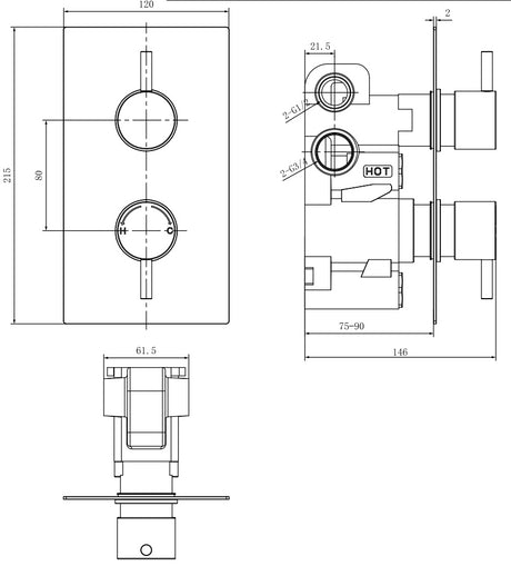 Aquarius Modern Round Thermostatic Two Way Concealed Shower Valve Matt Black AQ601016