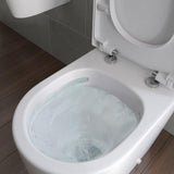 Aquarius Emma Rimless Wall Hung WC with seat lifted showing rimless technology