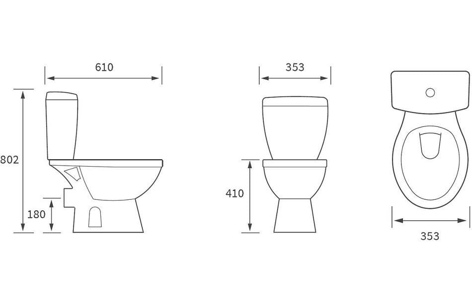 A technical drawing of the Aquarius willow close coupled toilet detailing measurements