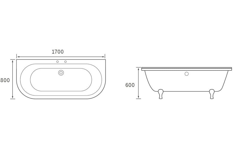 Aquarius Timeless Luxury Freestanding Back To Wall 2TH Bath With Chrome Lions Paw Feet 1700mm