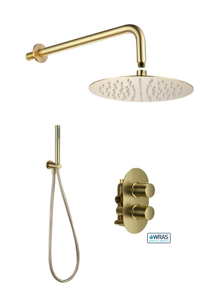 Aquarius RainLux Round Brushed Brass 2 Outlet Shower Bundle AQRLKIT03BB