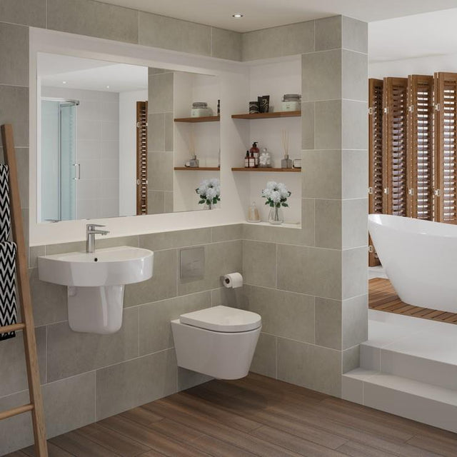 Aquarius Emma Rimless Wall Hung WC displayed in a contemporary bathroom