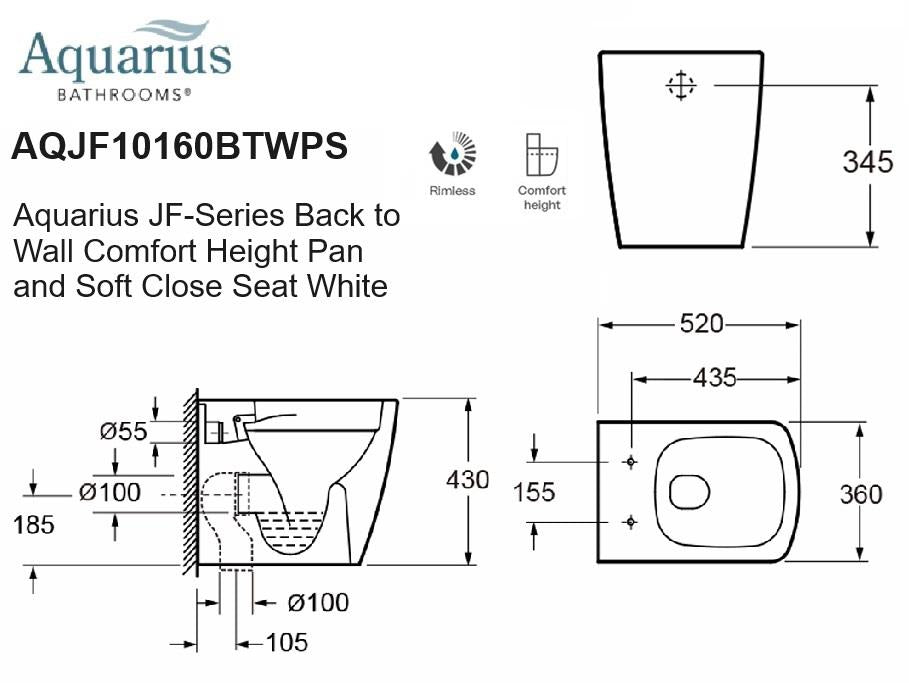 Technical drawing of the Aquarius JF-Series back to wall comfort height toilet showing measurements