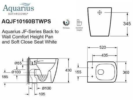 Technical drawing of the Aquarius JF-Series back to wall comfort height toilet showing measurements