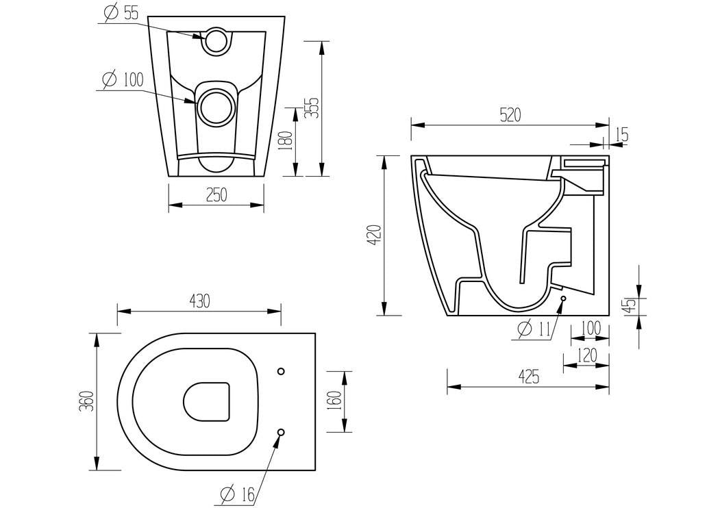 Technical drawing of Aquarius Emma Back to Wall WC with Soft Close Seat