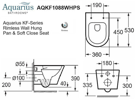 Technical drawing of the Aquarius KF-Series Rimless Wall Hung Toilet detailing measurements