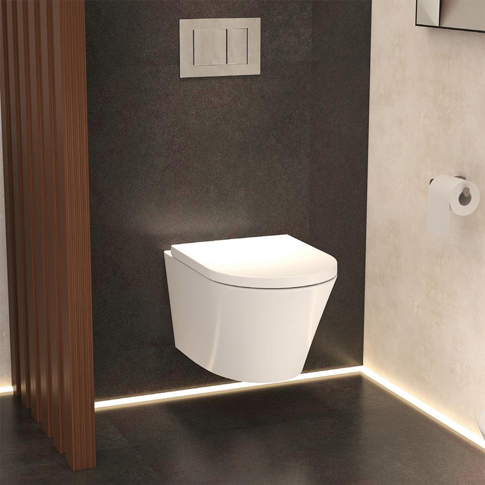 Aquarius KF-Series Rimless Wall Hung Toilet displayed in a contemporary styled bathroom